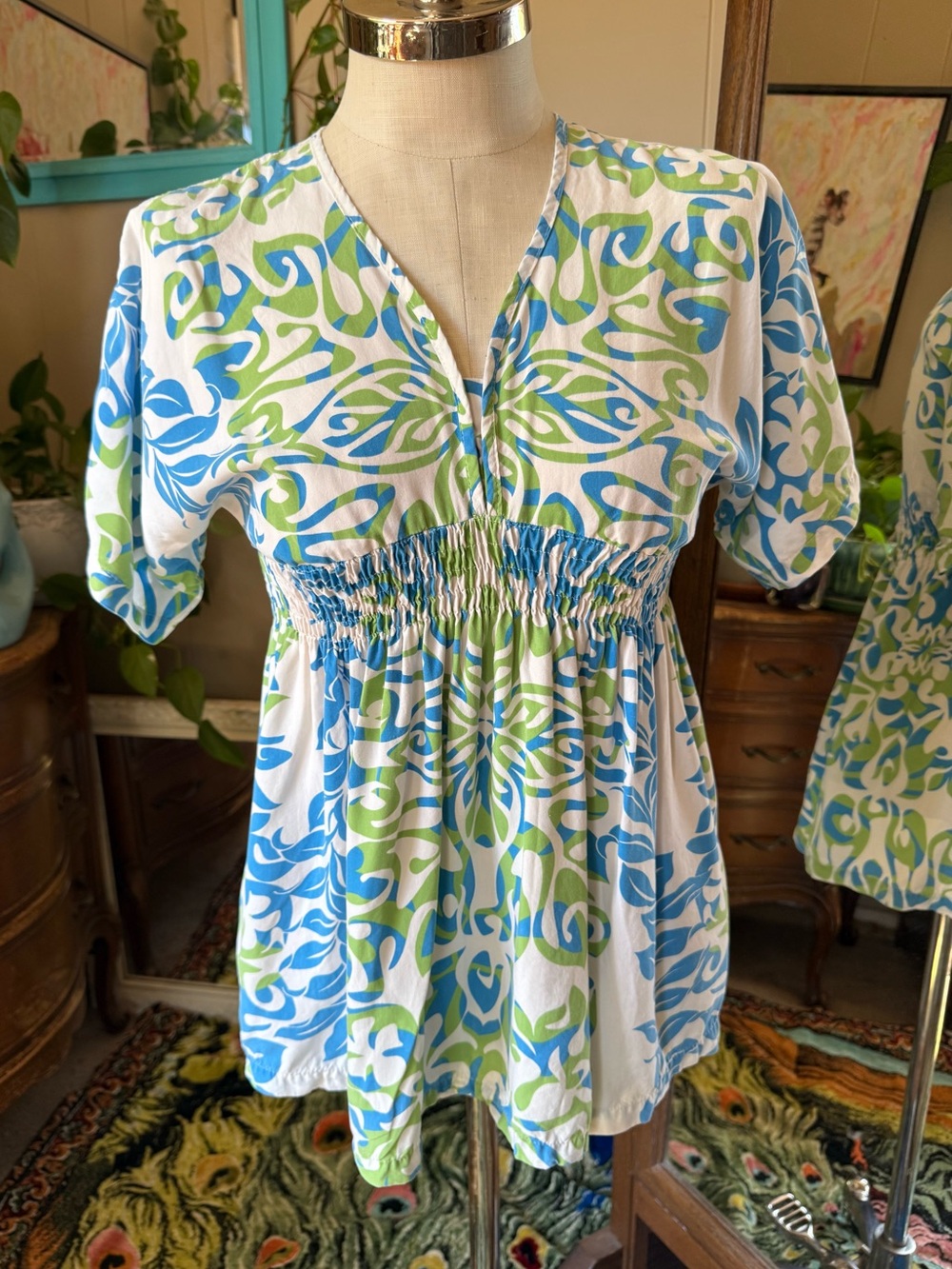 Strawberry Guava RJC Hawaii Vintage Smocked Empire Waist Blue & Green Tunic, XS